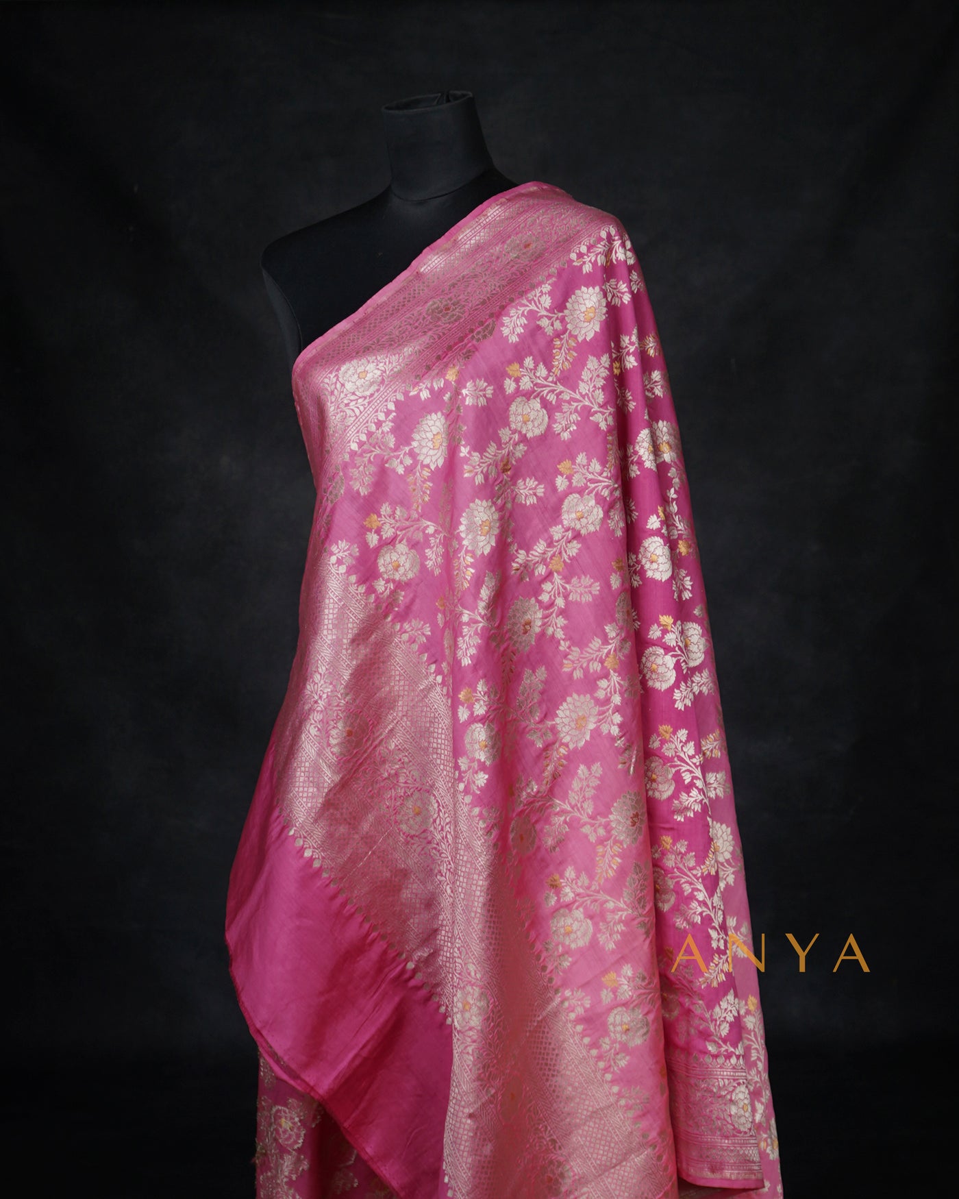 Lotus Pink Banarasi Silk Dupatta with Floral Zari Creeper Design