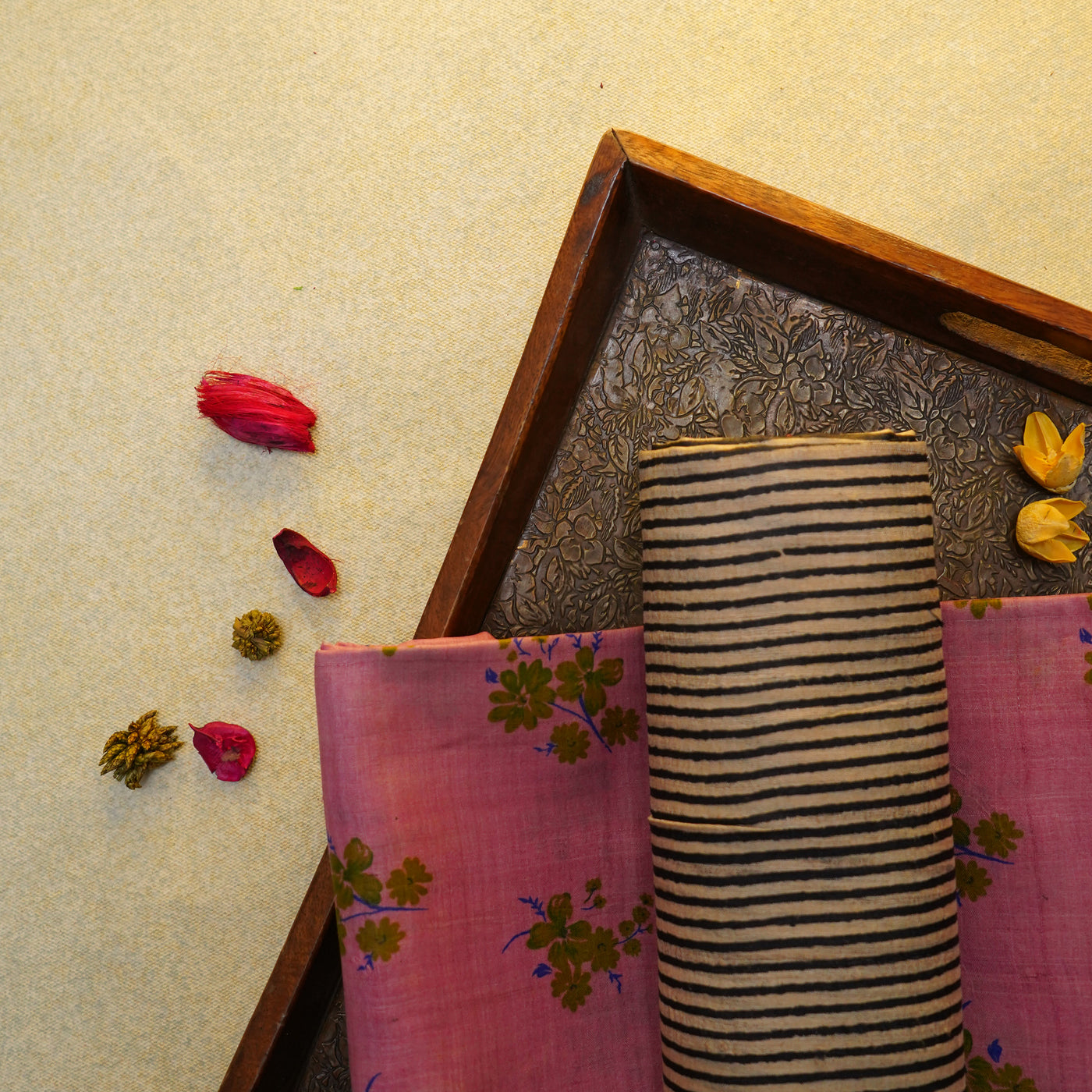 Onion Pink Tussar Silk Salwar with Floral Printed Design