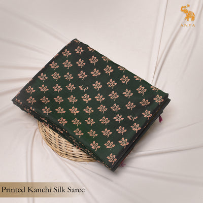 Bottle Green Printed Kanchi Silk Saree with Leaf Print Design