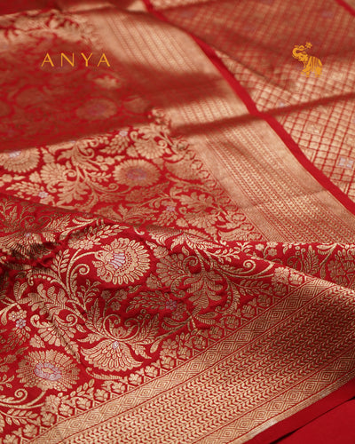 Red Banarasi Silk Saree with Floral Creeper Design