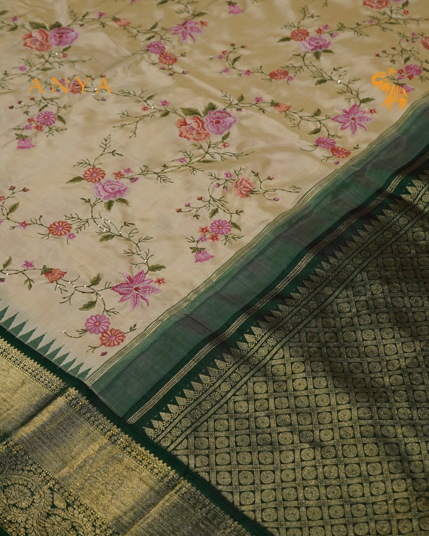 Off White Kanchi Silk Saree with Floral Embroidery Design