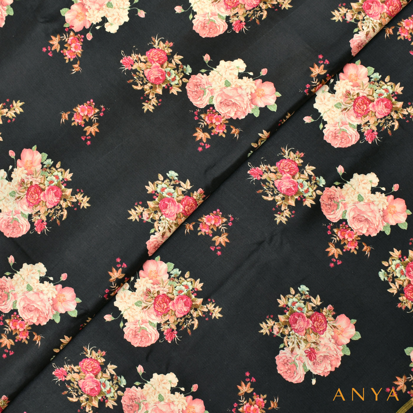 Black Kanchi Discharge Printed Silk Fabric with Floral Design