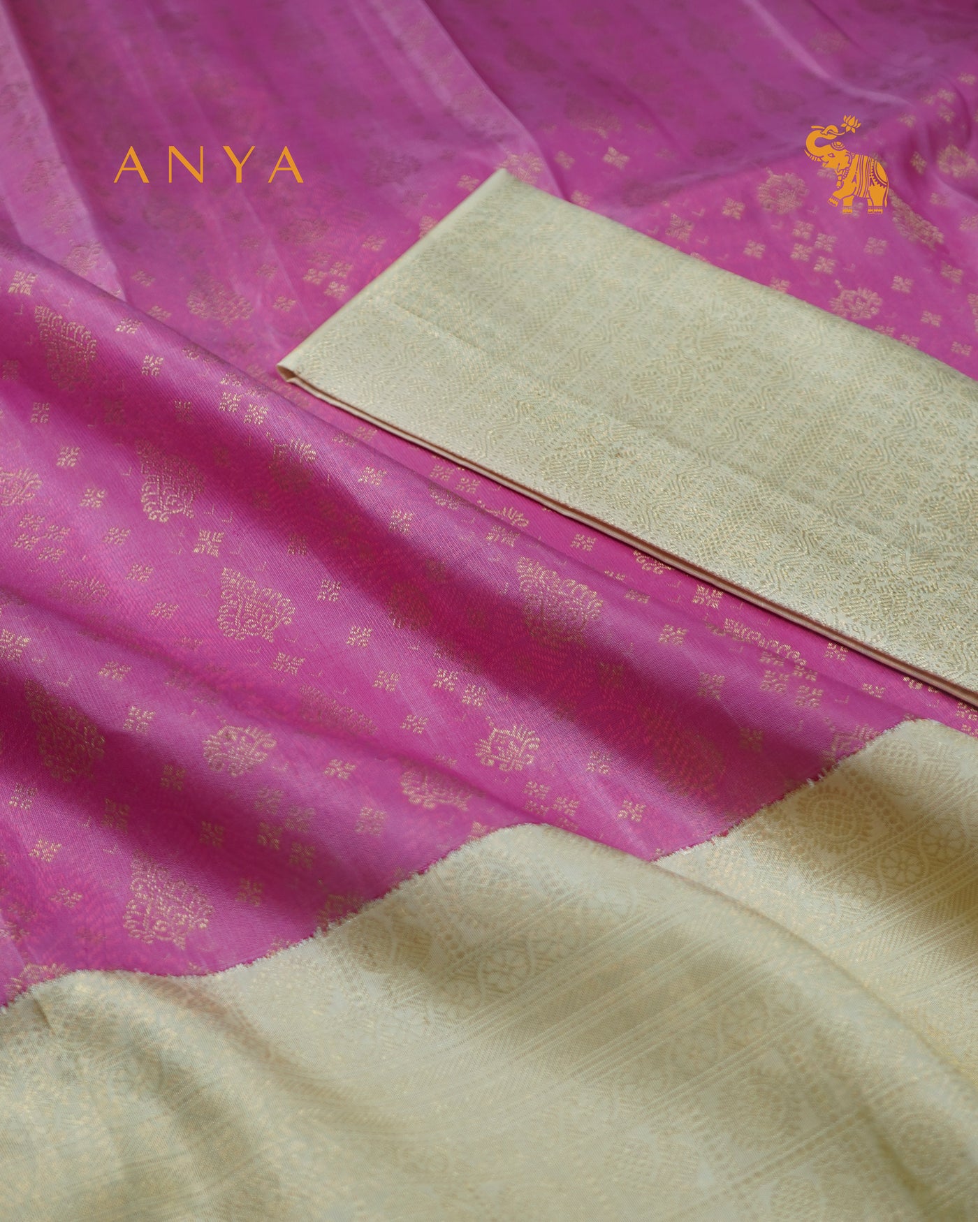 Lotus Pink Kanchi Silk Skrit Fabric with Off White Kanchi Silk Blouse Fabric