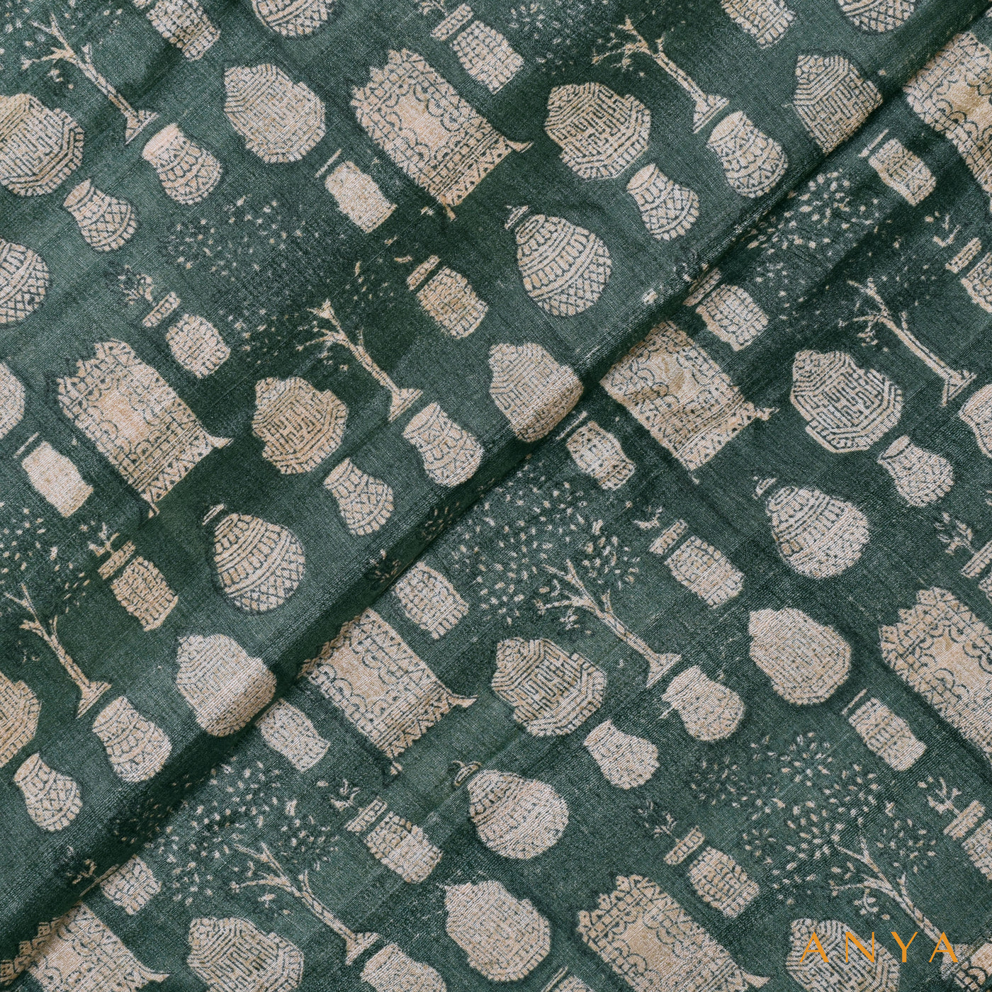 Bottle Green Tussar Silk Fabric with Print Design