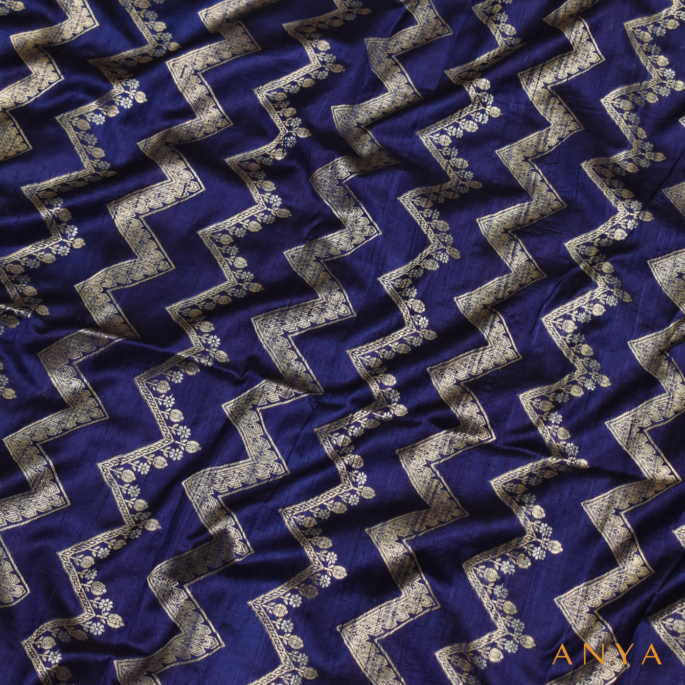 Navy Blue Banarasi Tussar Raw Silk Fabric with Zig Zag Design