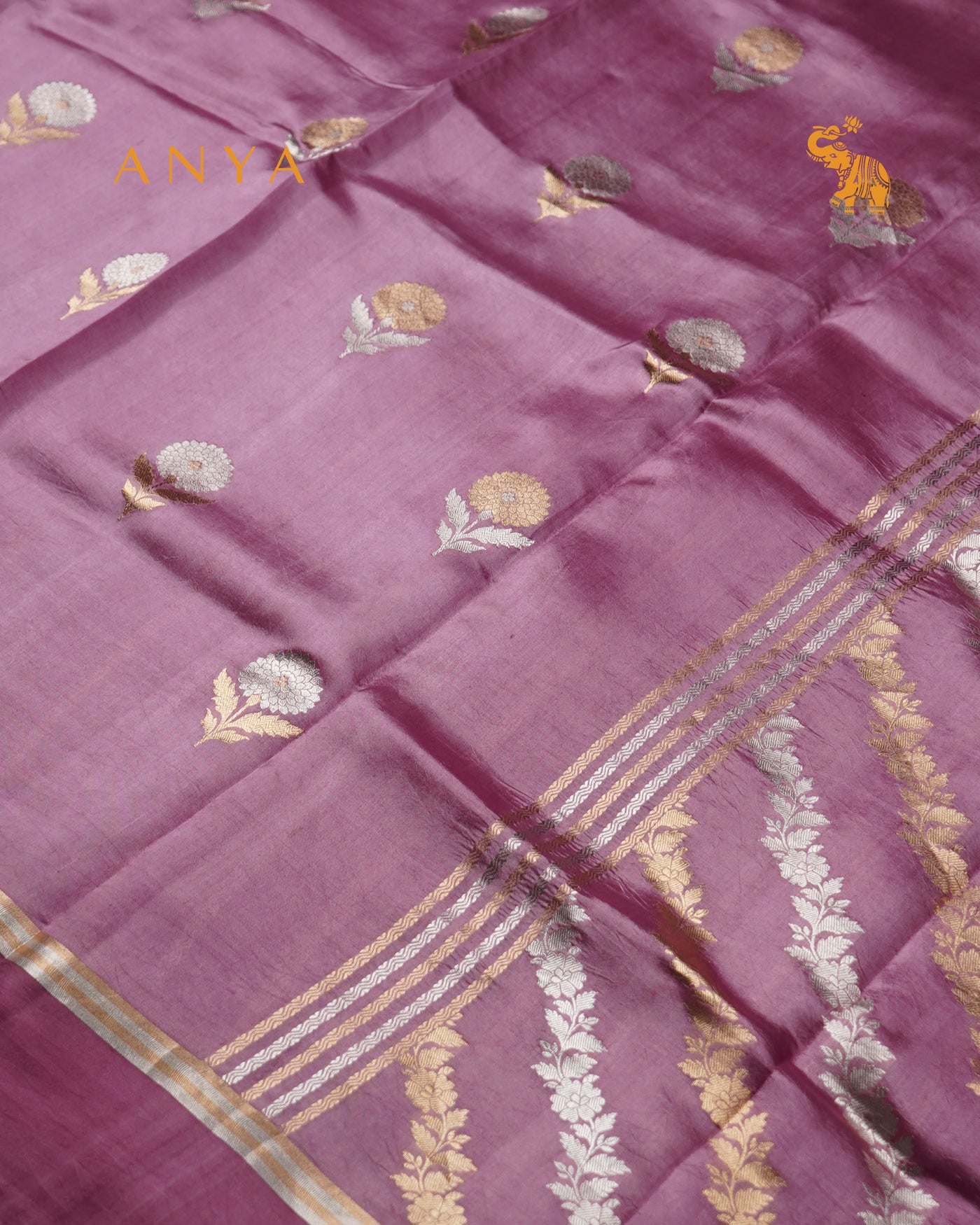 Lavender Satin Silk Banarasi Saree with Floral Zari Motifs Design