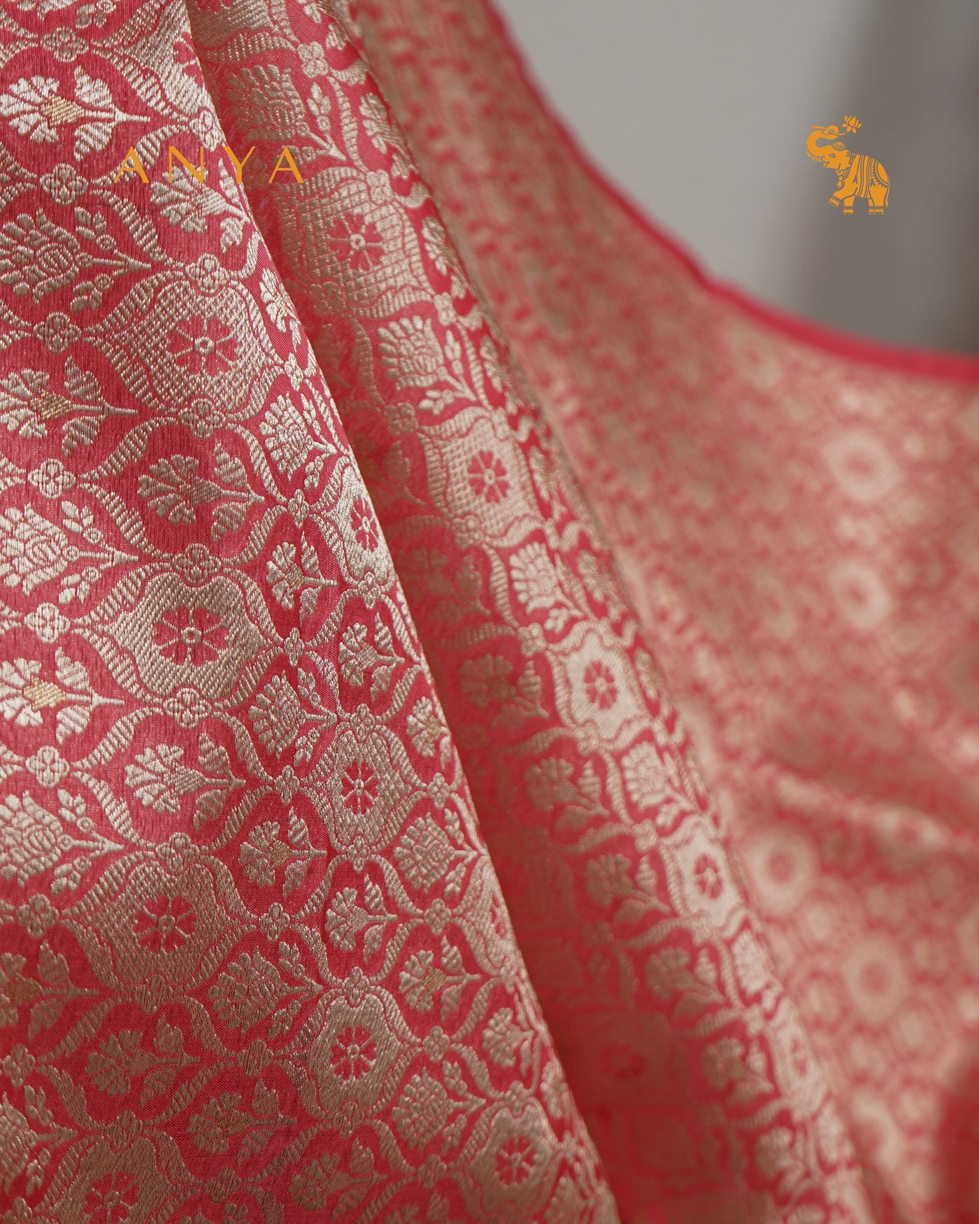 Peach Banarasi Silk Fabric with Floral Butta Design