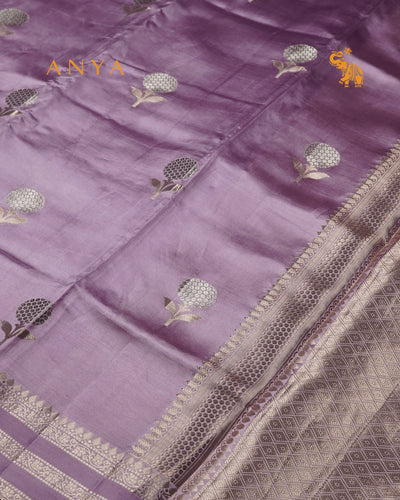 Lavender Satin Silk Banarasi Saree with Floral Zari Motifs Design