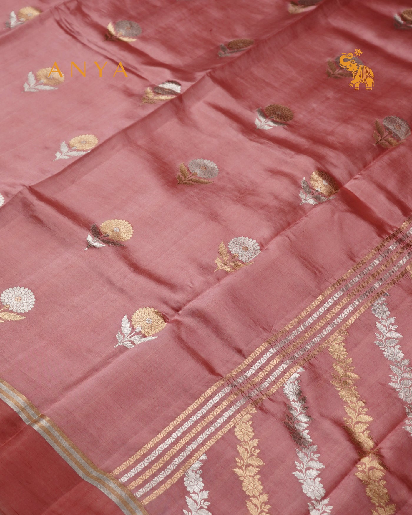 Peach Satin Silk Banarasi Saree with Floral Zari Motifs Design