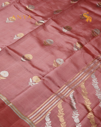 Peach Satin Silk Banarasi Saree with Floral Zari Motifs Design