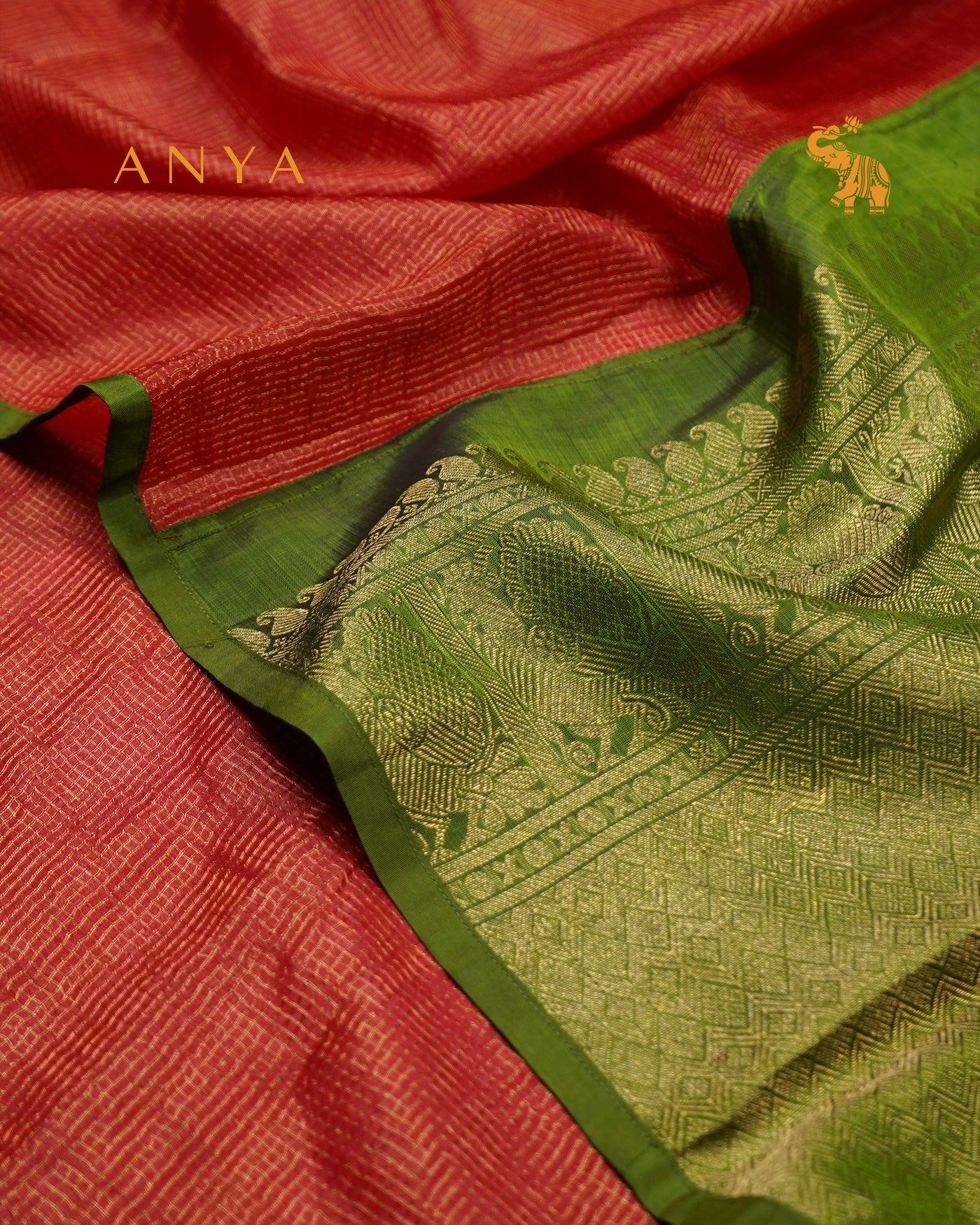 Red Zari Checks Tussar Silk Saree with Chutney Green Kanchi Silk Getti Self Pallu