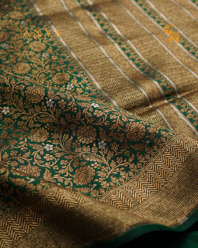 Bottle Green Banarasi Silk Saree with Floral Creeper Design