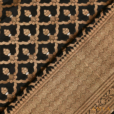 Black Banarasi Silk Fabric with Creeper Design