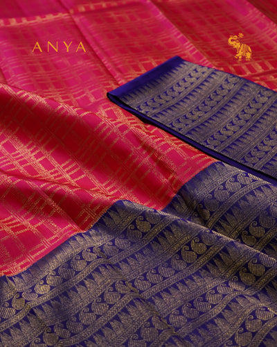 Rani Pink Kanchi Silk Skrit Fabric with Purple Kanchi Silk Blouse Fabric