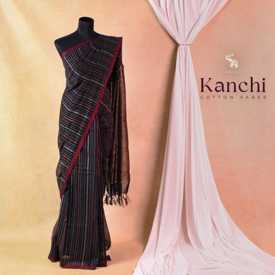 Navy Blue Kanchi Cotton Saree with Vertical Thread Stripes Design