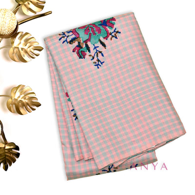Baby Pink Printed Kanchi Silk Saree with Small Checks and Floral Design
