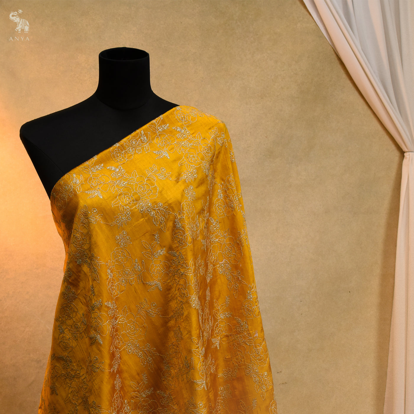 Oil Mustard Tussar Raw Silk Embroidery Fabric