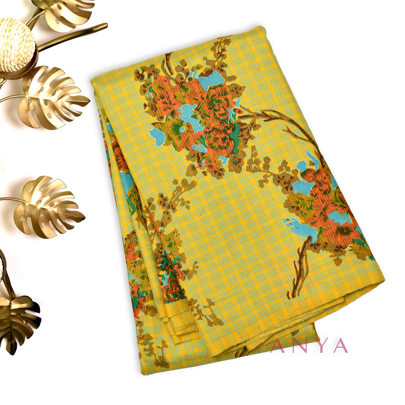 Mustard Printed Kanchi Silk Saree with Small Checks and Floral Design