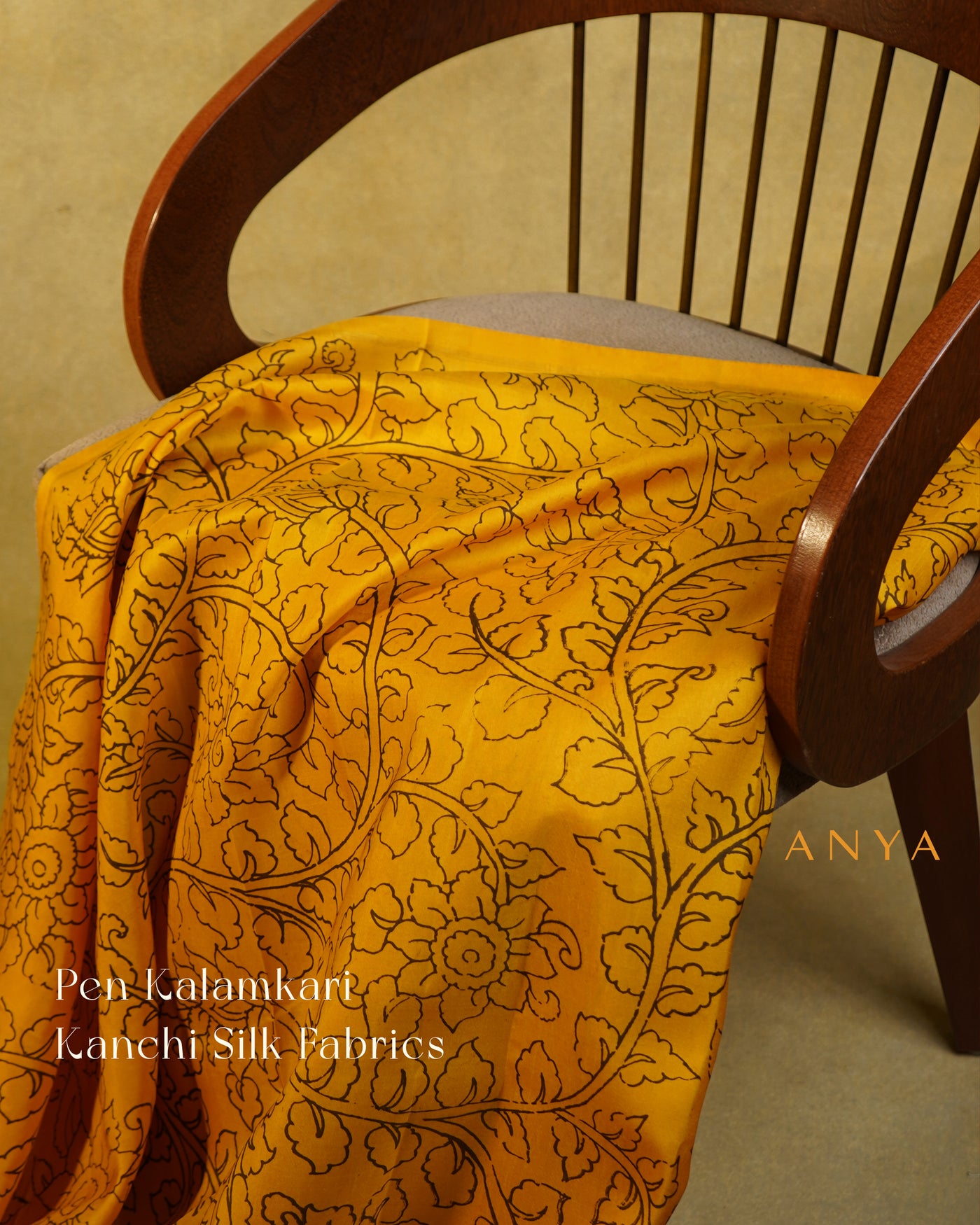 Mustard Pen Kalamkari Kanchi Silk Fabric