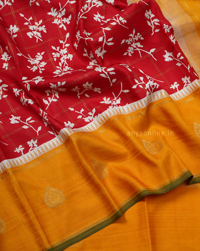 Red Printed Kanchi Silk Saree with Floral Print and Zari Checks Design