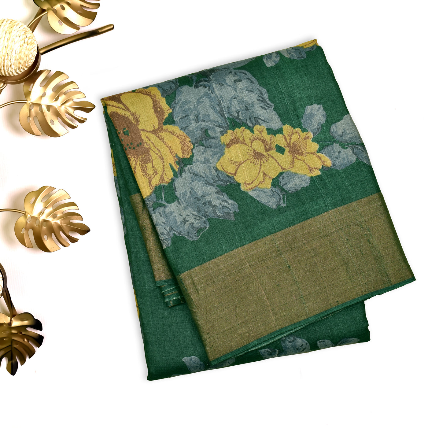 Bottle Green Tussar Silk Saree with Floral Printed Design