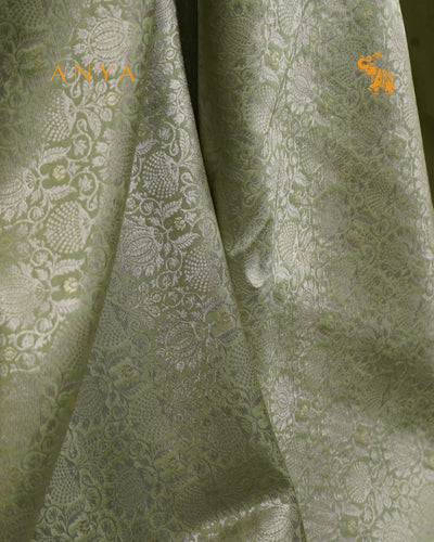 Apple Green Banarasi Silk Fabric with Flower Creeper Design