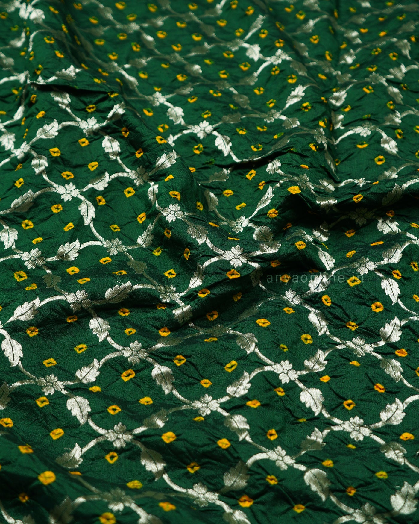 Bottle Green Bhandhini Silk Fabric with Creeper Diamond Design