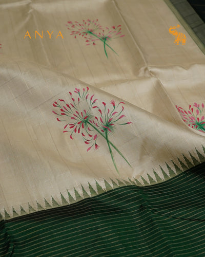 Off White Hand Painted Kanchi Silk Saree with Zari Kattam and Floral Painted Design