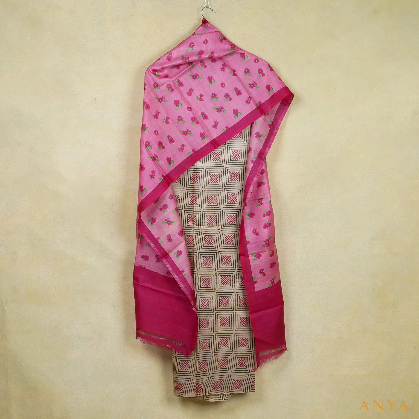 Off White Tussar Silk Salwar with Onion Pink Floral Printed Dupatta