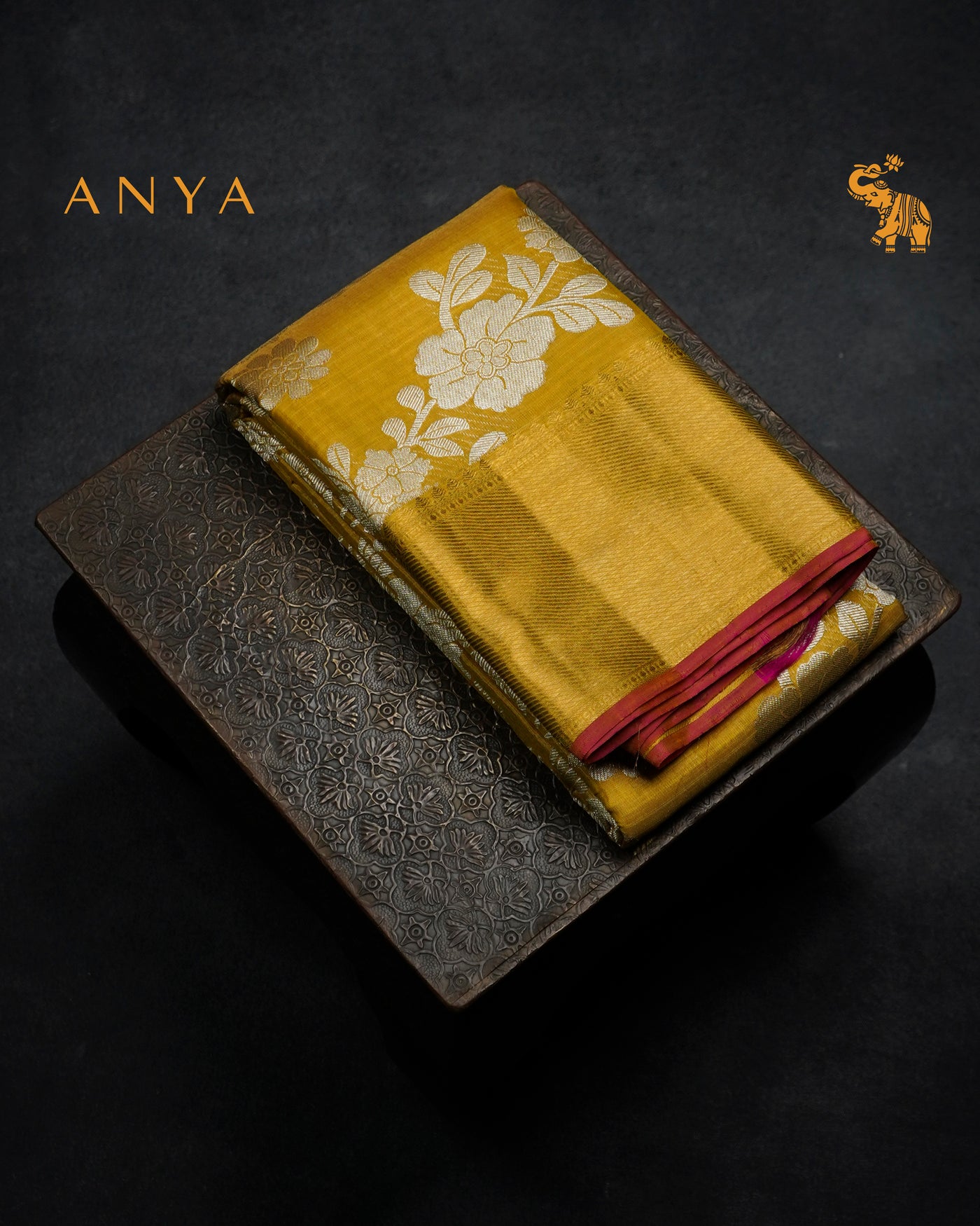 Mustard Yellow Kanchipuram Silk Saree with Floral Creeper Design