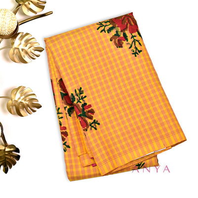 Mustard Printed Kanchi Silk Saree with Small Checks and Floral Design