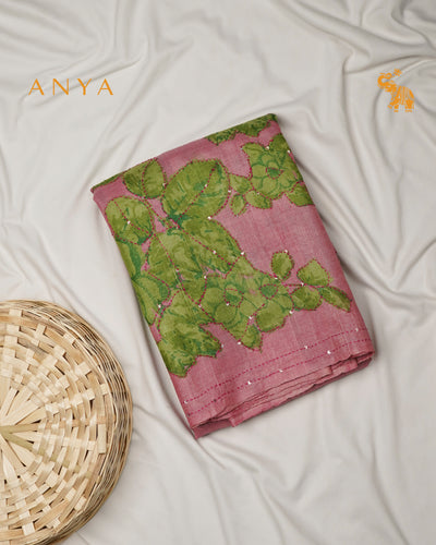 Onion Pink Tussar Silk Saree with Floral Kantha Work Design