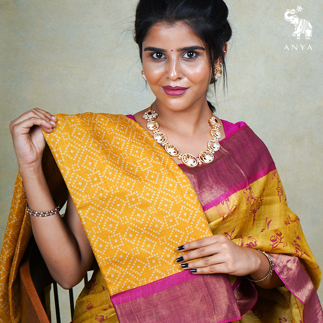 Mustard Tussar Silk Saree with Bhandhini Print Design