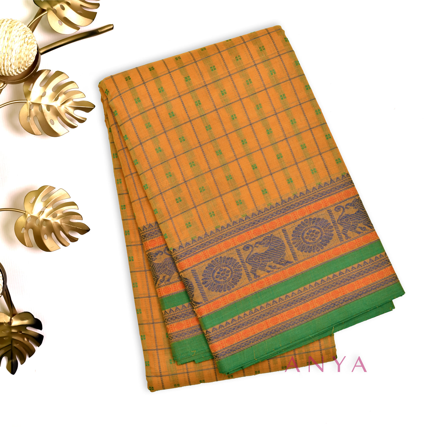 Mustard Kanchi Cotton Saree with Thread Kattam Design