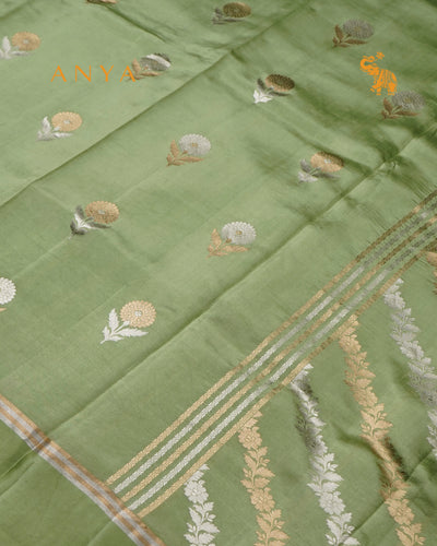 Apple Green Satin Silk Banarasi Saree with Floral Motifs Design