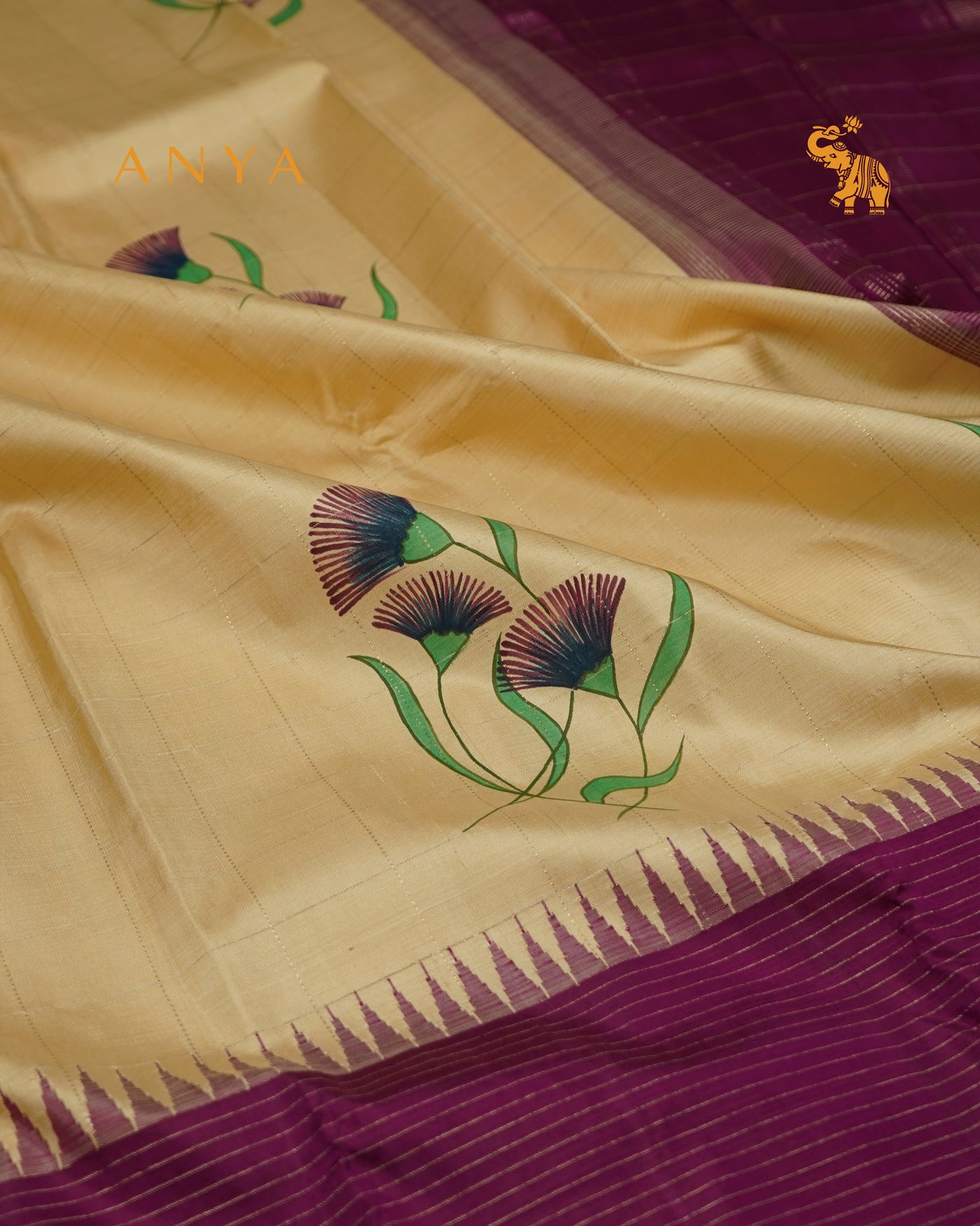 Off White Hand Painted Kanchi Silk Saree with Zari Kattam and Floral Painted Design