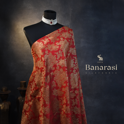 Red Banarasi Silk Fabric with Antique Floral Creeper Design