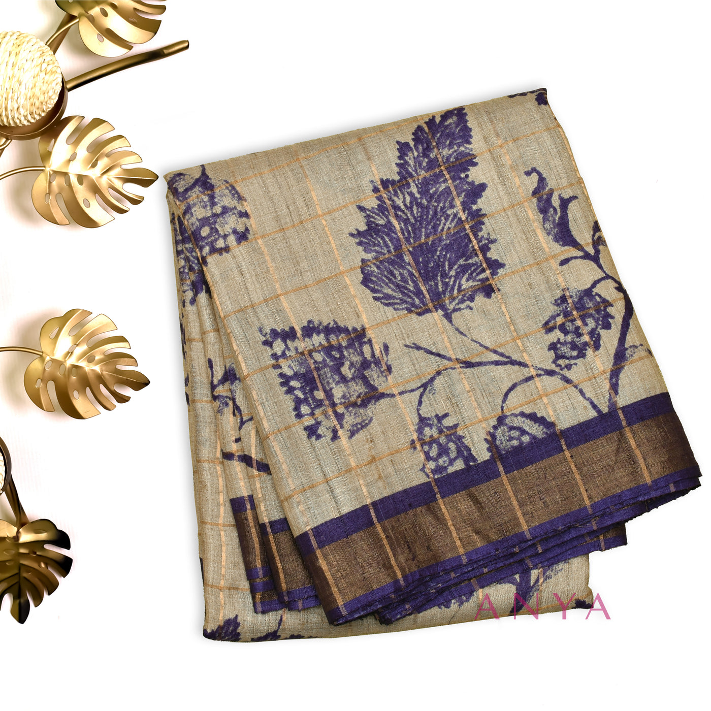 Off White Tussar Silk Saree with Leaf Print and Zari Checks Design