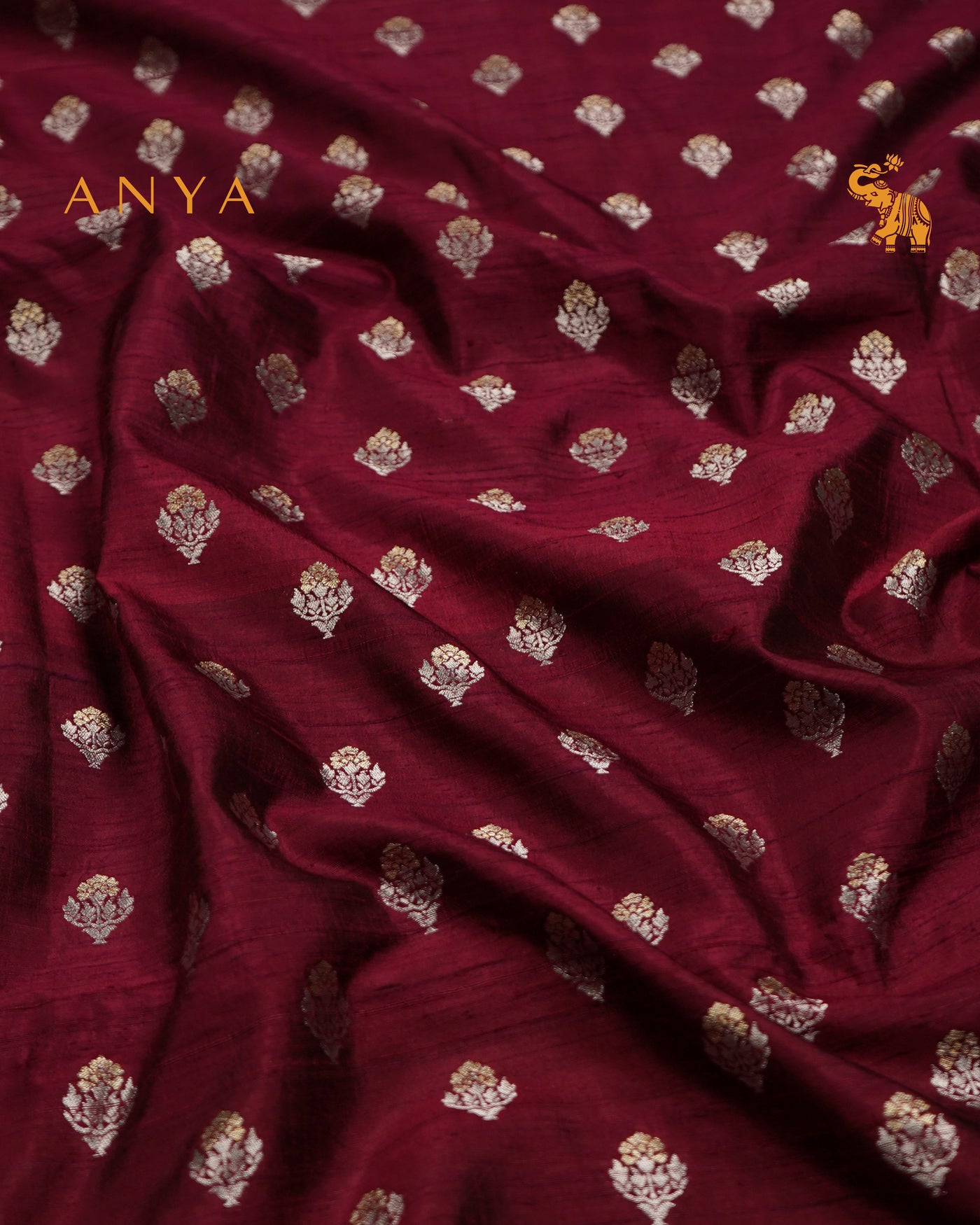 Maroon Banarasi Tussar Raw Silk Fabric with Flower Butta Design