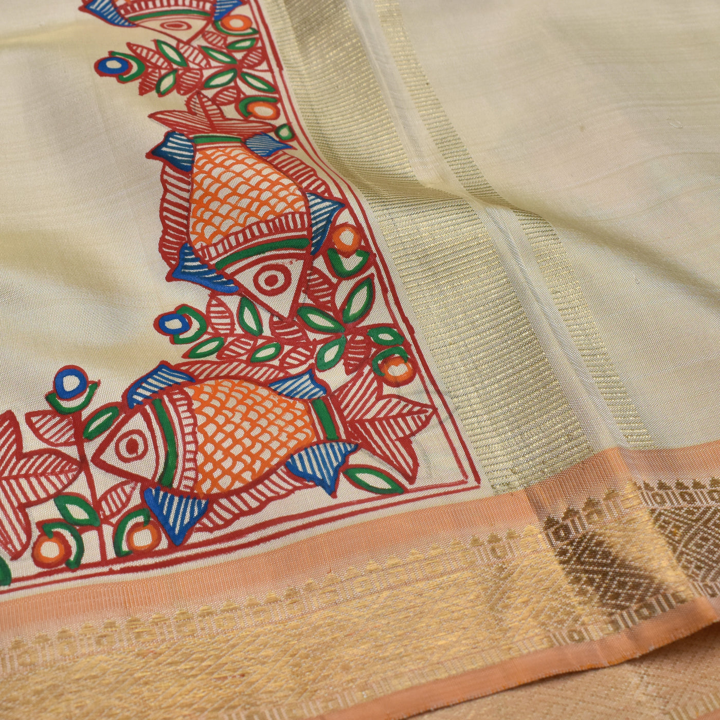 Off White Kanchi Silk Dhoti with Madhubani Hand Painted Design