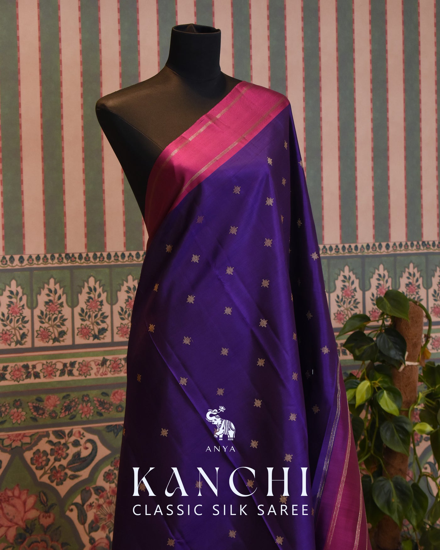 Violet Kanchi Classic Saree with Zari Butta Design