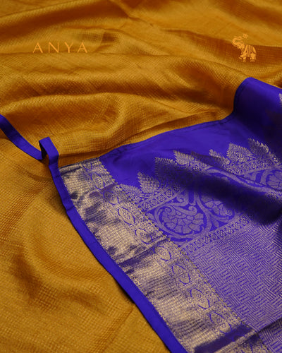 Oil Mustard Zari Checks Tussar Silk Saree with Meenakshi Blue Kanchi Silk Getti Self Pallu