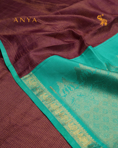 Dark Purple Zari Checks Tussar Silk Saree with Rexona Kanchi Silk Getti Self Pallu