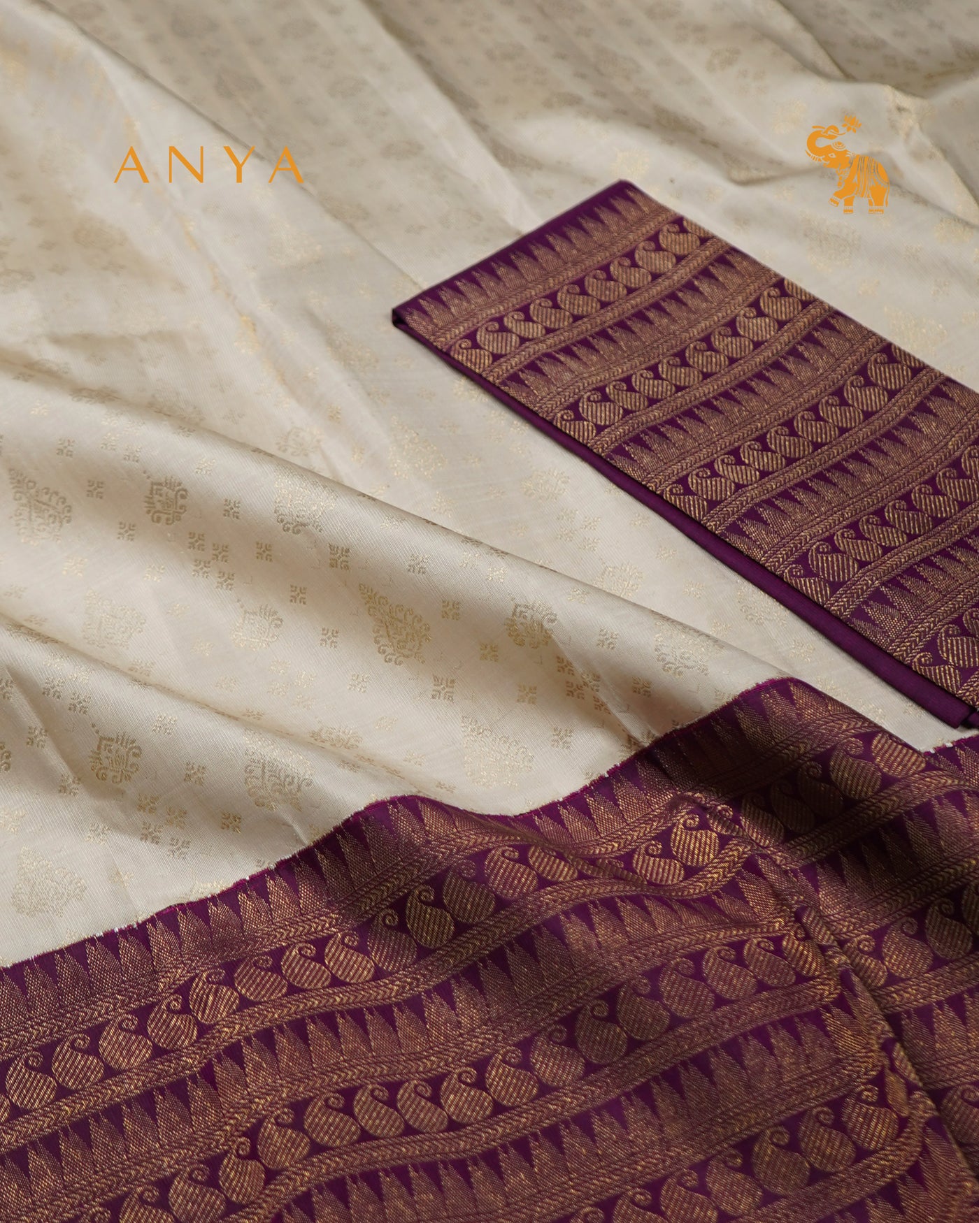 Off White Kanchi Silk Skrit Fabric with Purple Kanchi Silk Blouse Fabric