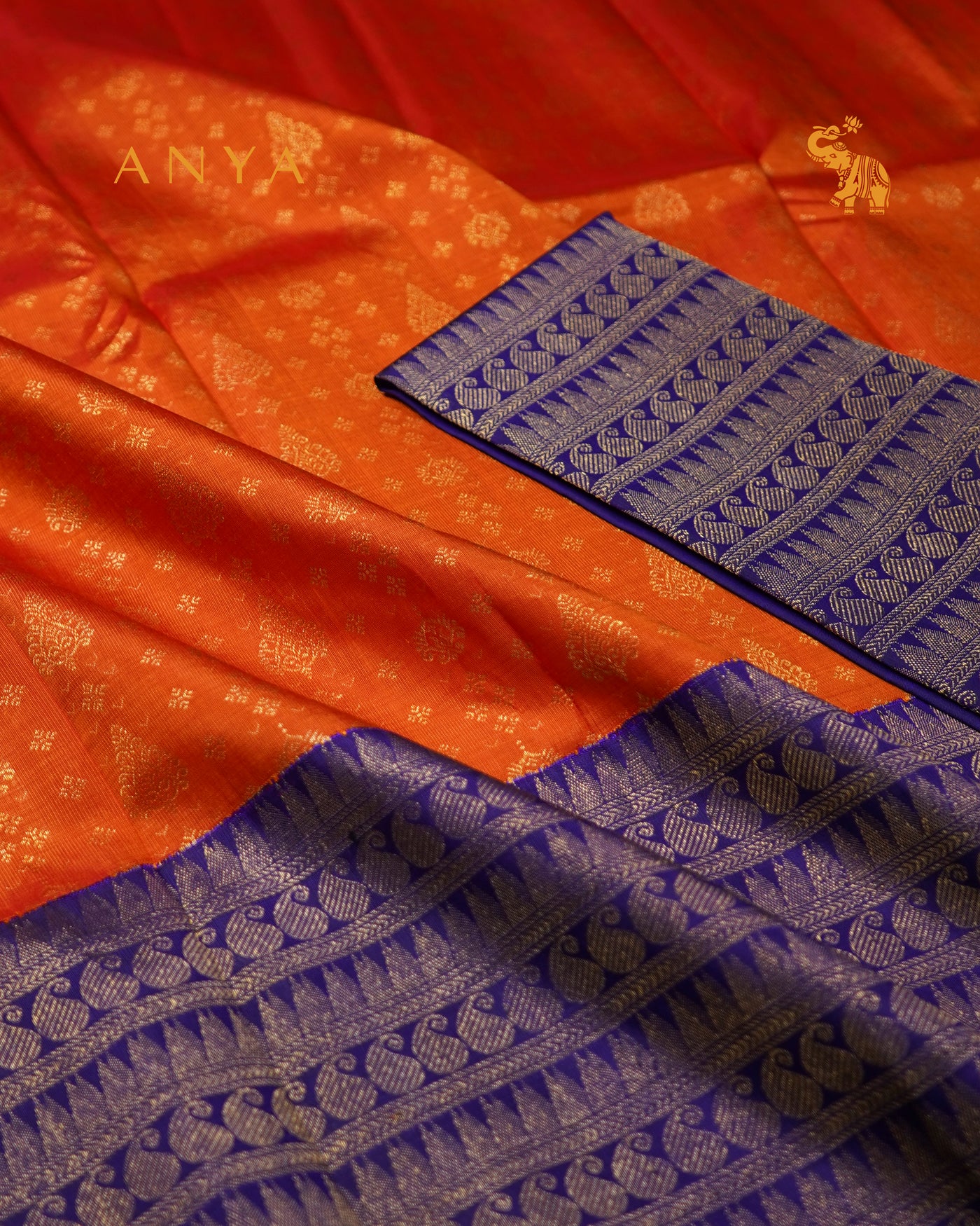 Orange Kanchi Silk Skrit Fabric with Violet Kanchi Silk Blouse Fabric