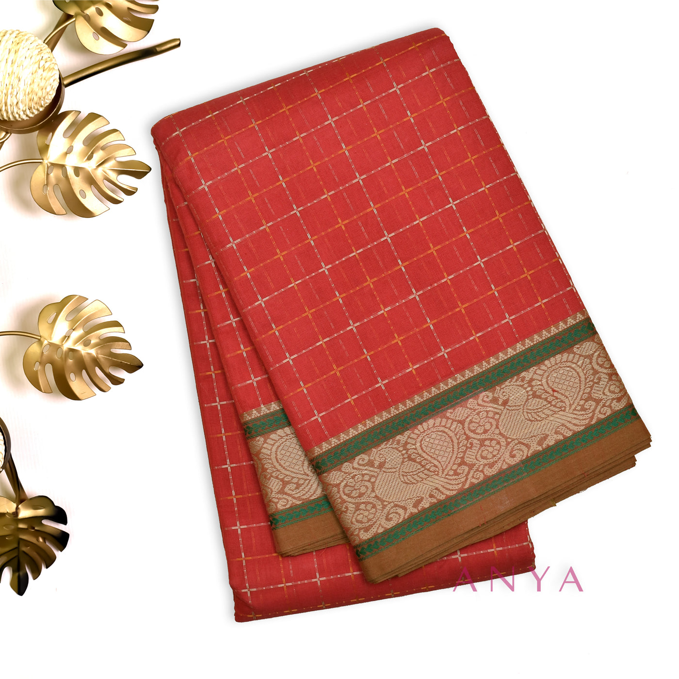 Red Kanchi Cotton Saree with Thread Kattam Design