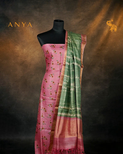 Onion Pink Floral Print Tussar Silk Salwar with Olive Green Shibori Print Design