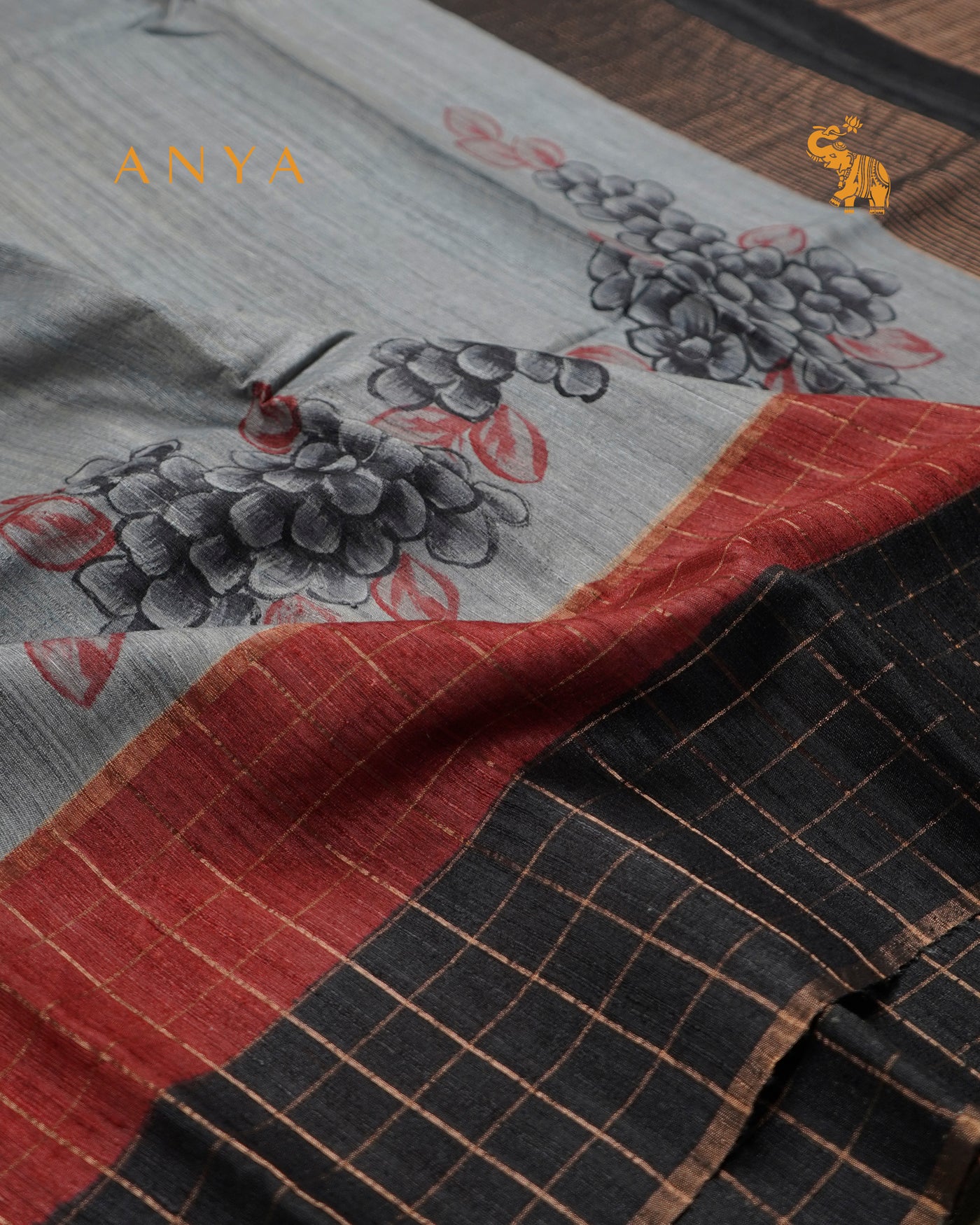 Grey Tussar Silk Saree with Floral Print Design