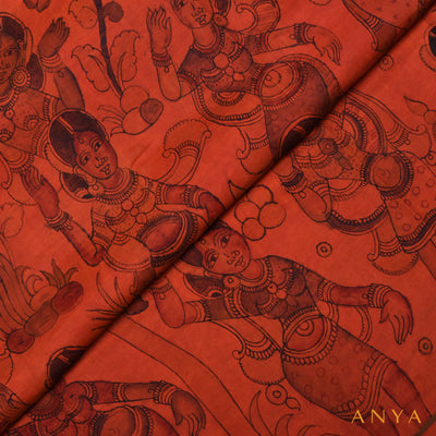 Rust Pen Kalamkari Kanchi Silk Fabric with Dancing Doll Design