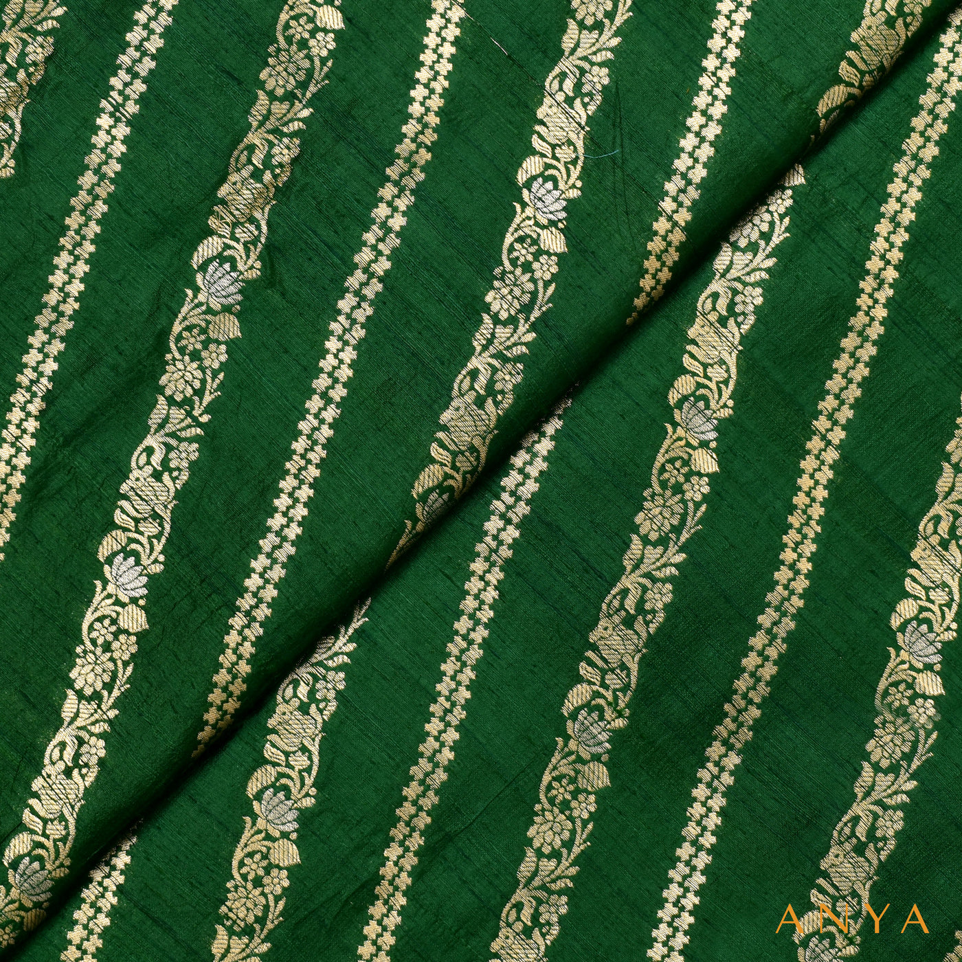Bottle Green Banarasi Silk Fabric with Cross Stripes Design